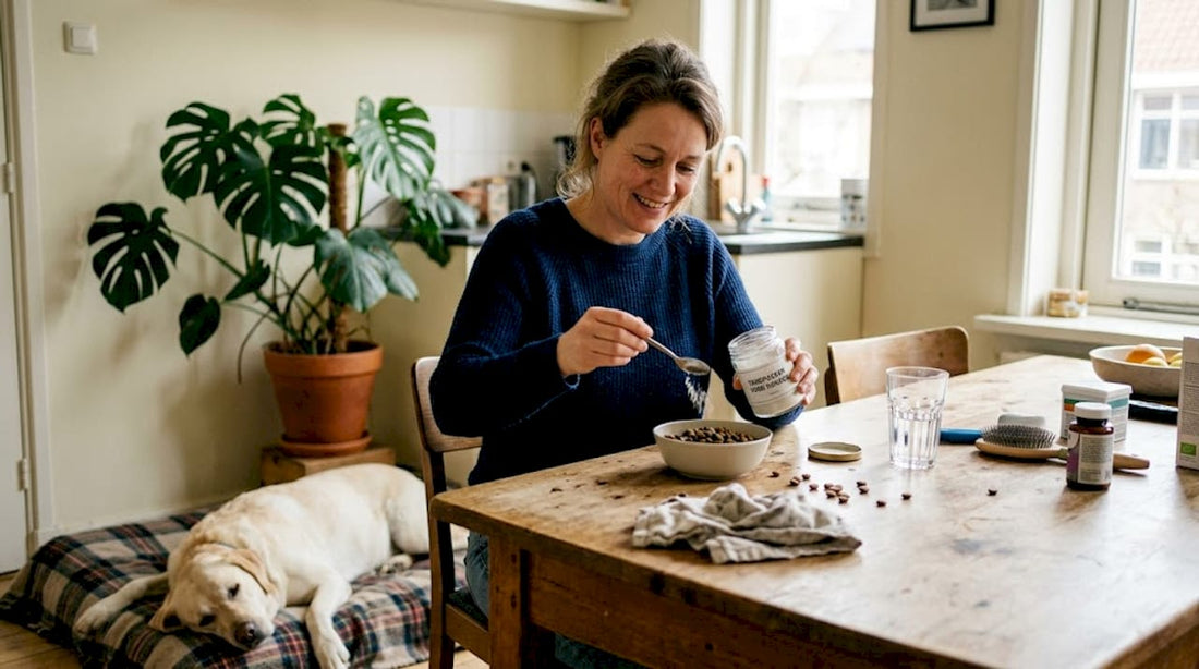 Vrouw poetst het gebit van haar hond met speciaal tandpoeder
