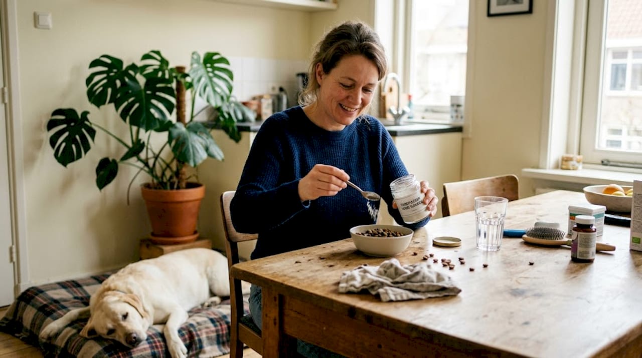 Vrouw poetst het gebit van haar hond met speciaal tandpoeder