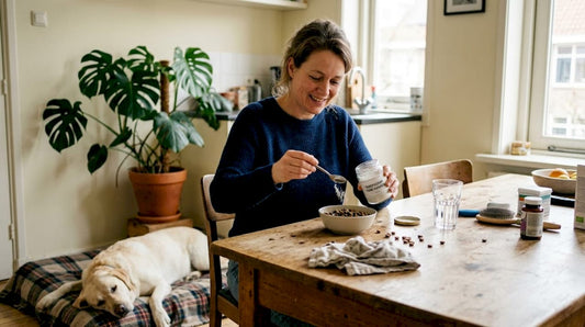 Vrouw poetst het gebit van haar hond met speciaal tandpoeder