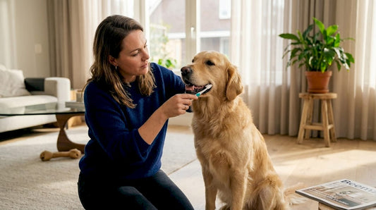 Een vrouw maakt thuis het gebit van haar hond schoon.