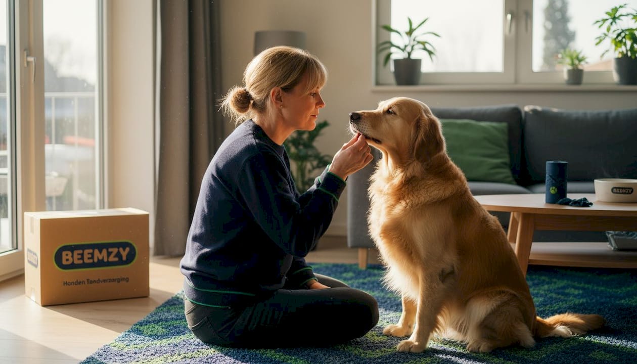 In de woonkamer kijkt een vrouw haar hond in de bek na.