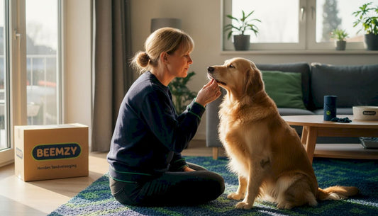 In de woonkamer kijkt een vrouw haar hond in de bek na.