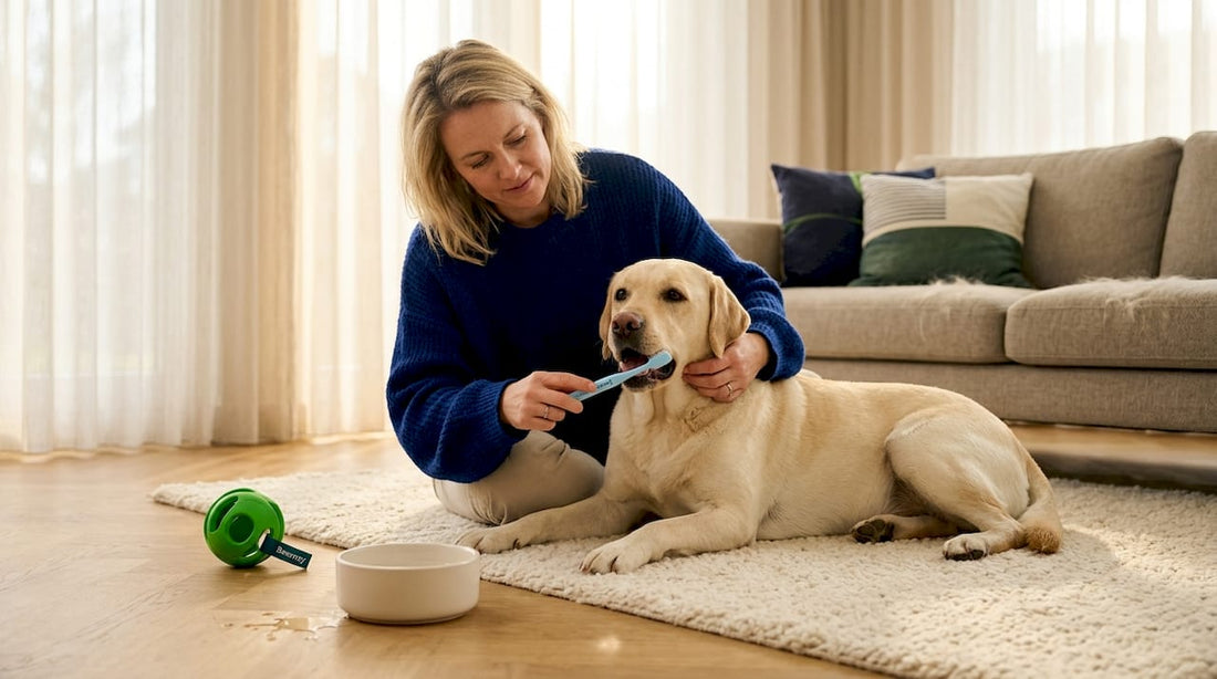 In de lichte woonkamer zit een vrouw rustig haar hond zijn tanden te poetsen.