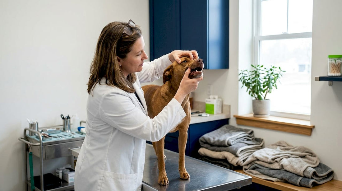 De dierenarts bekijkt het gebit van een hond tijdens een controle in de praktijk.