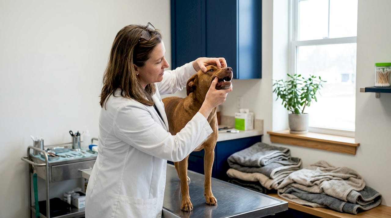 De dierenarts bekijkt het gebit van een hond tijdens een controle in de praktijk.