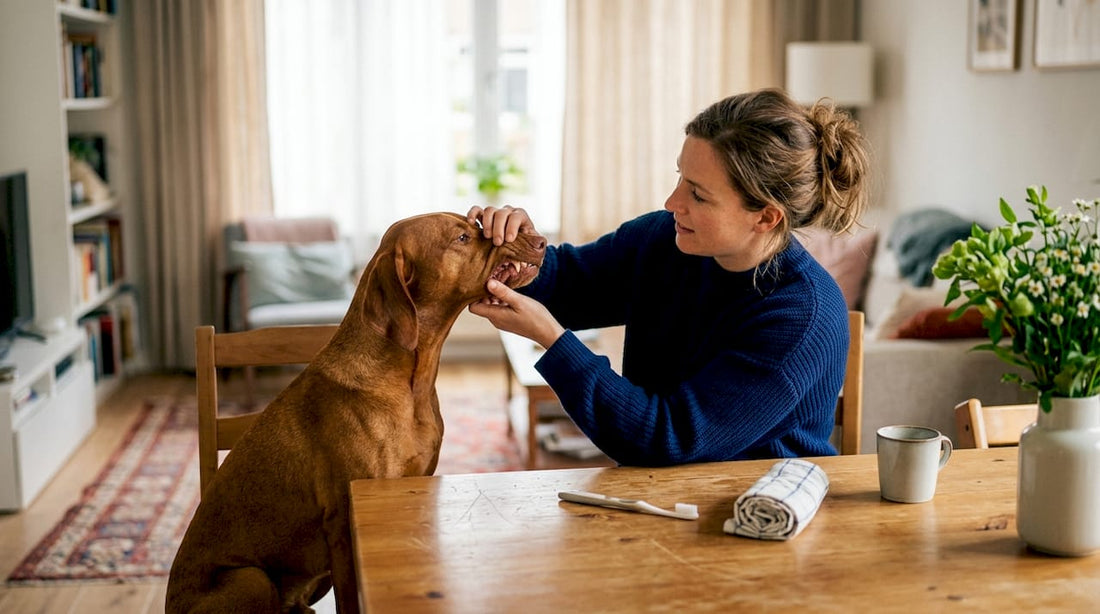 Thuis bekijkt een vrouw het gebit van haar hond