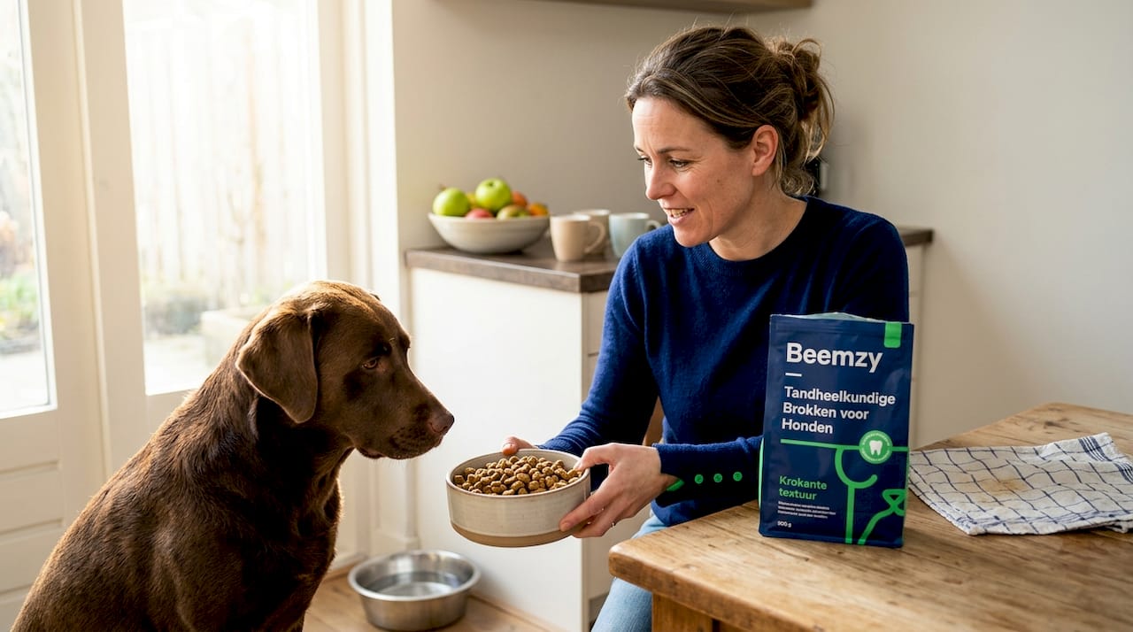 Aan de keukentafel geeft een vrouw haar hond een bak met gezonde brokjes.