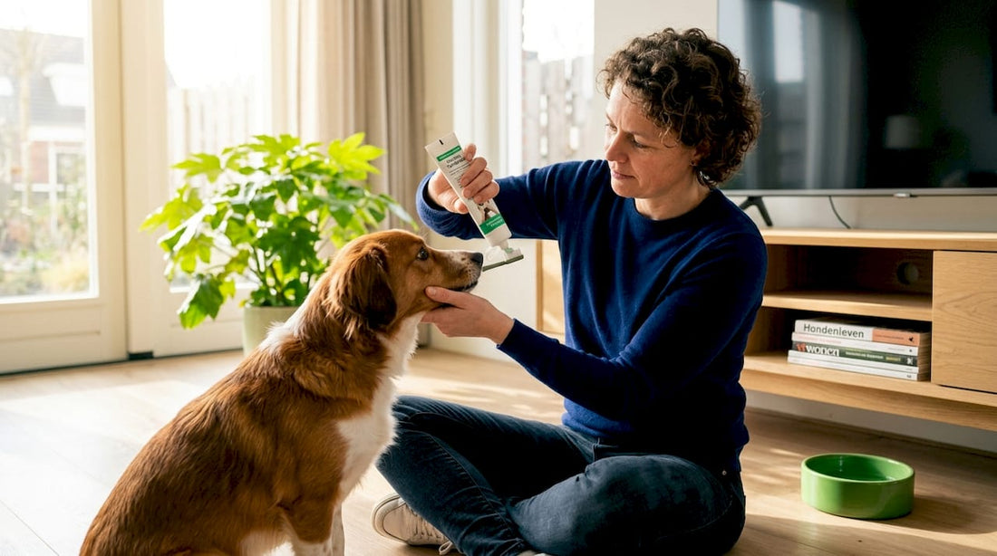 Een vrouw maakt de tanden van haar hond schoon met een speciale enzymatische tandpasta.