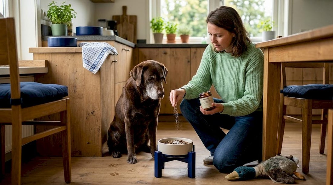 In de keuken mengt een vrouw een supplement door het voer van haar hond.