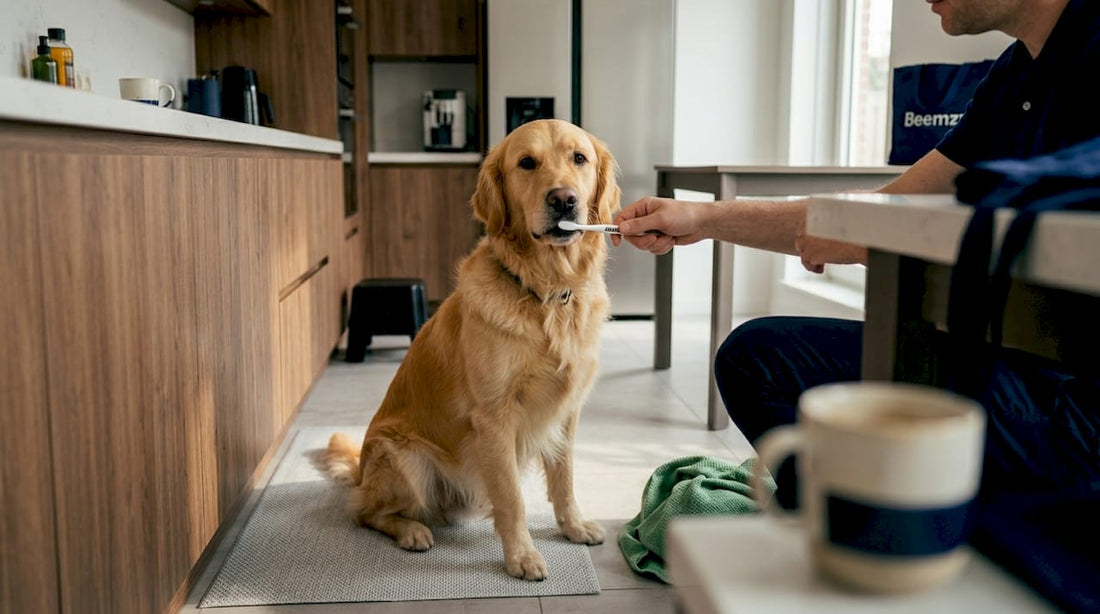 In de keuken geeft het baasje de hond een grondige poetsbeurt aan zijn tanden.