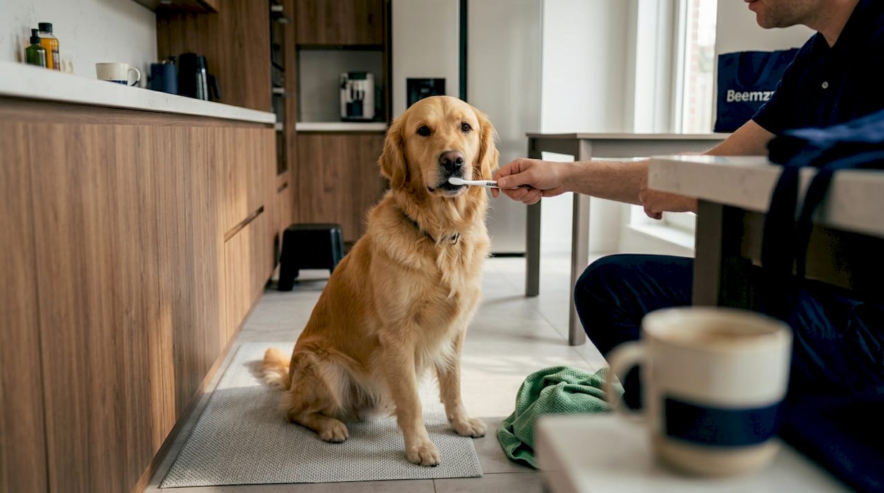 In de keuken geeft het baasje de hond een grondige poetsbeurt aan zijn tanden.