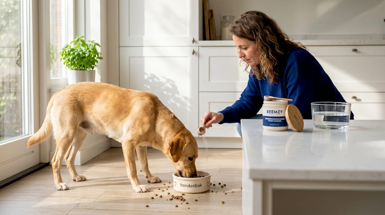 In de keuken strooit het baasje poeder over het ontbijt van de hond.