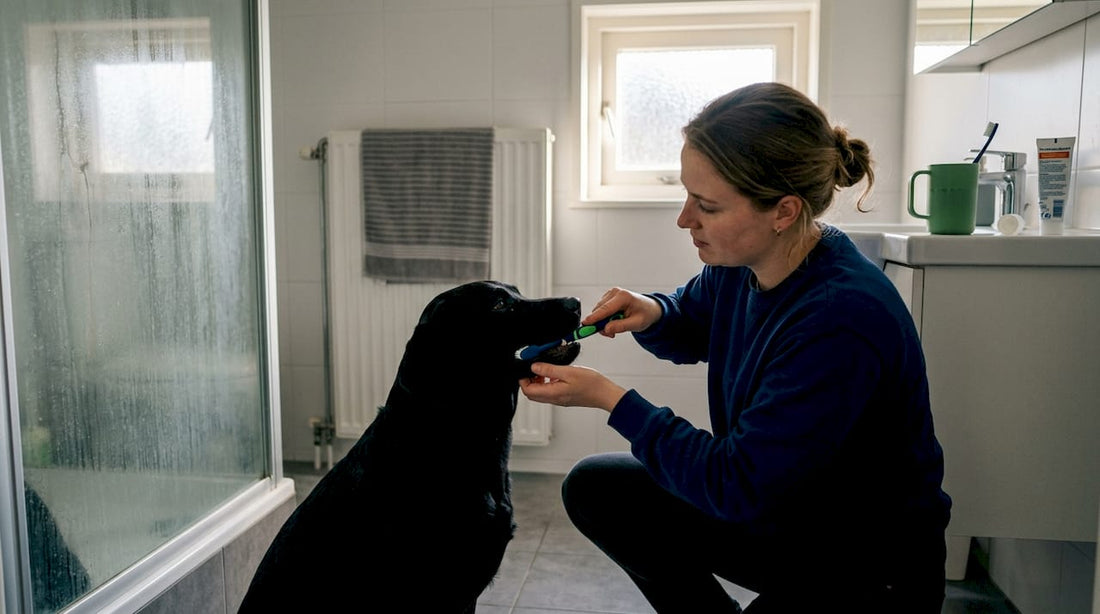In de badkamer staat een vrouw haar hond zijn tanden te poetsen.