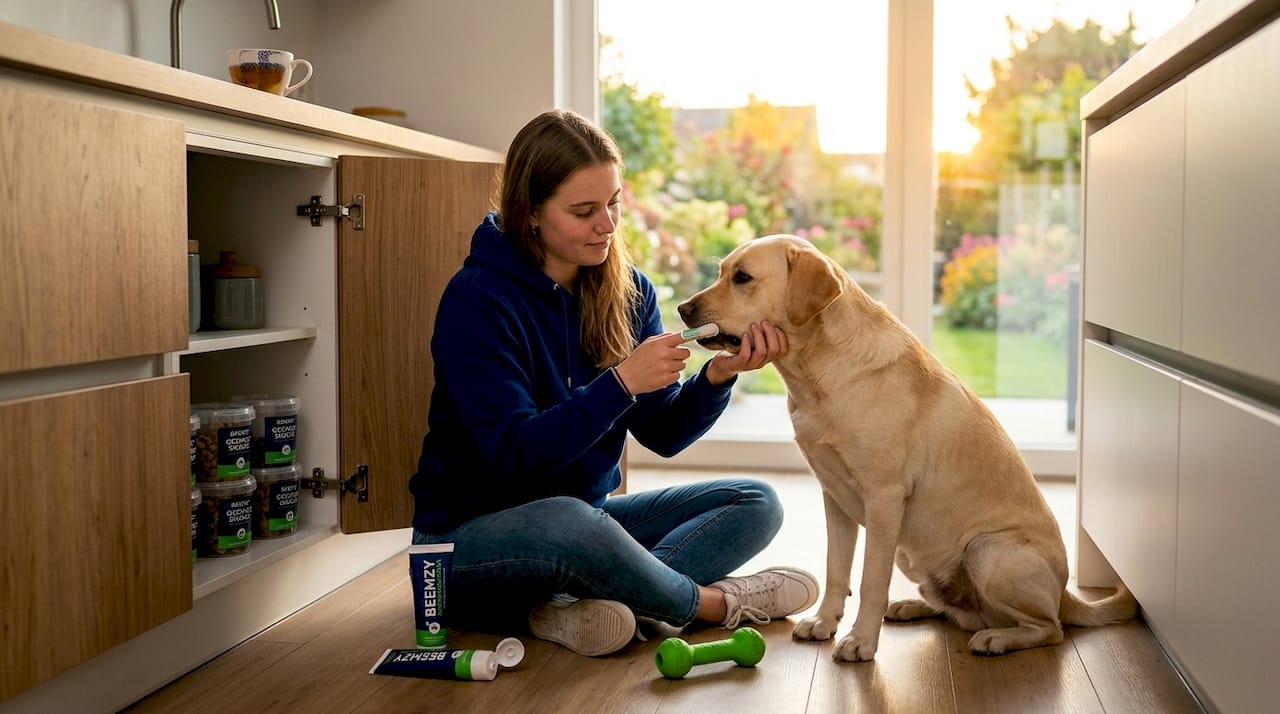 In de woonkamer zit een vrouw rustig haar hond de tanden te poetsen.