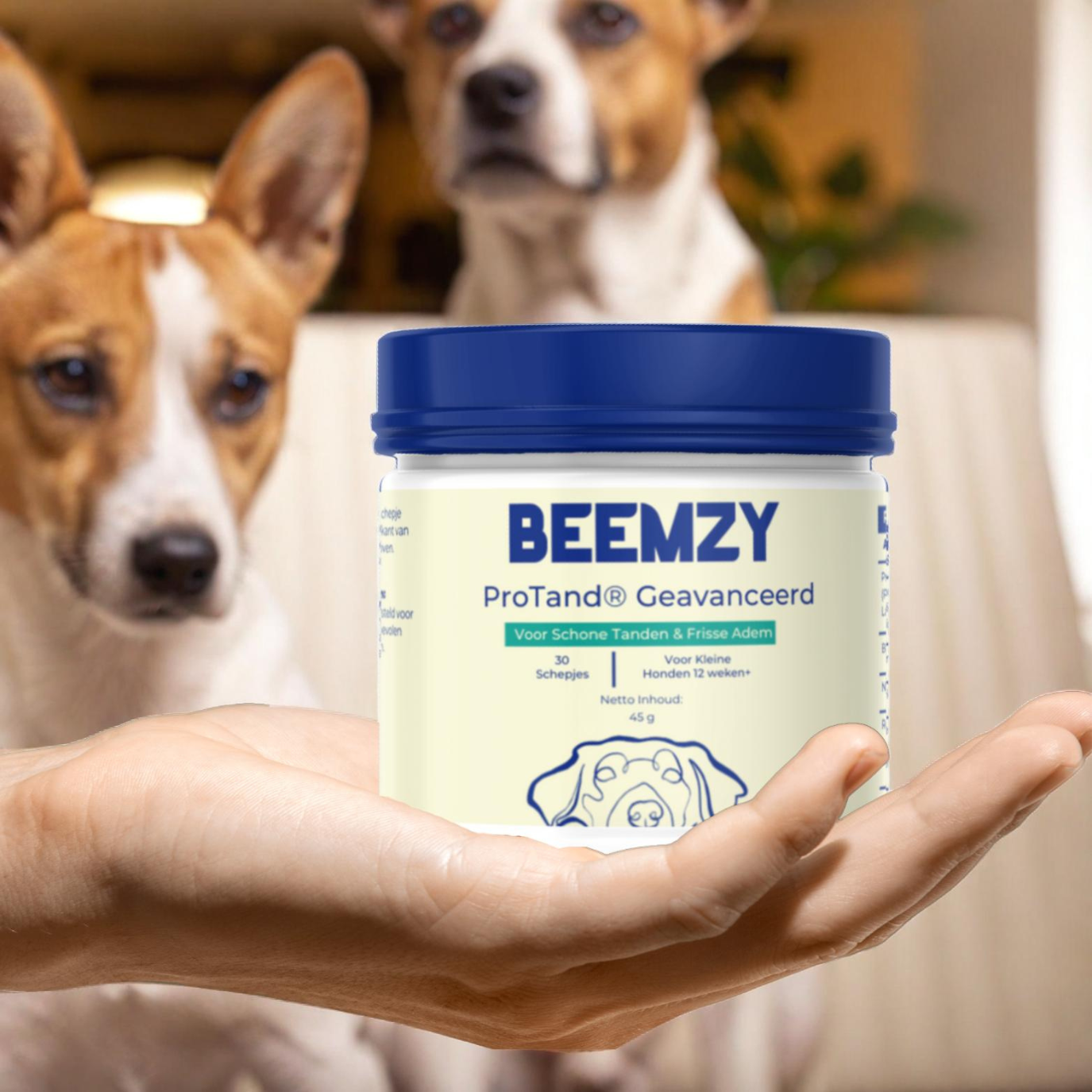 Blije hond met schoon gebit na gebruik van Protand® tandpoeder